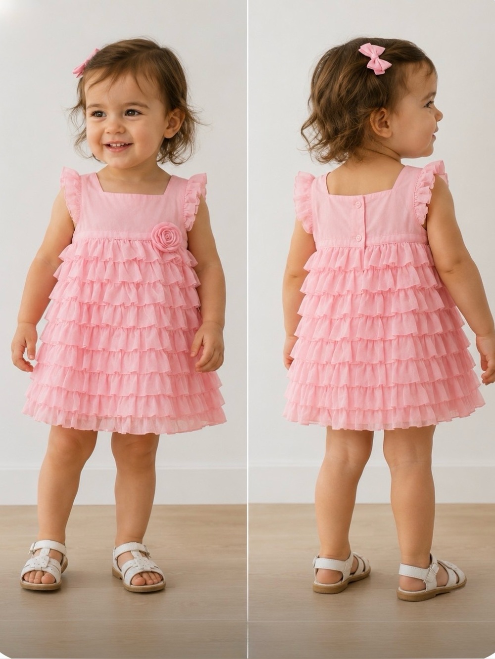 24m Maggie and Zoe pink ruffled dress, flower detail with bloomer.